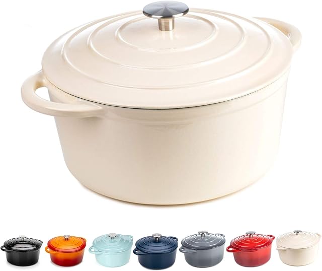 Round Casserole Dish - Cast Iron Ceramic Induction and Gas Safe Dutch Oven Roasting Cooker - with Lid - 10 Year Gurantee (2.7L Casserole, Cream)
