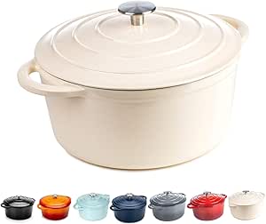 Round Casserole Dish - Cast Iron Ceramic Induction and Gas Safe Dutch Oven Roasting Cooker - with Lid - 10 Year Gurantee (2.7L Casserole, Cream)