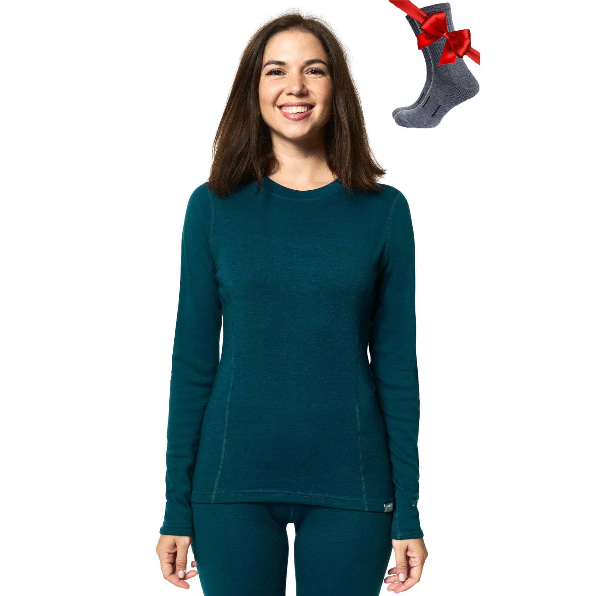 Merino.tech Merino Wool Base Layer Womens — 100% Merino Wool Long Sleeve Thermal Shirts Heavyweight, Midweight, Lite + Wool Socks (Large, 320 Deep Teal)