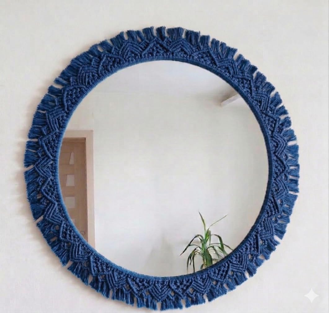 Round Macrame Wall Mirror, Blue, Boho Fringe Frame, Handcrafted Cotton Rope, Bohemian Home Decor-image-1