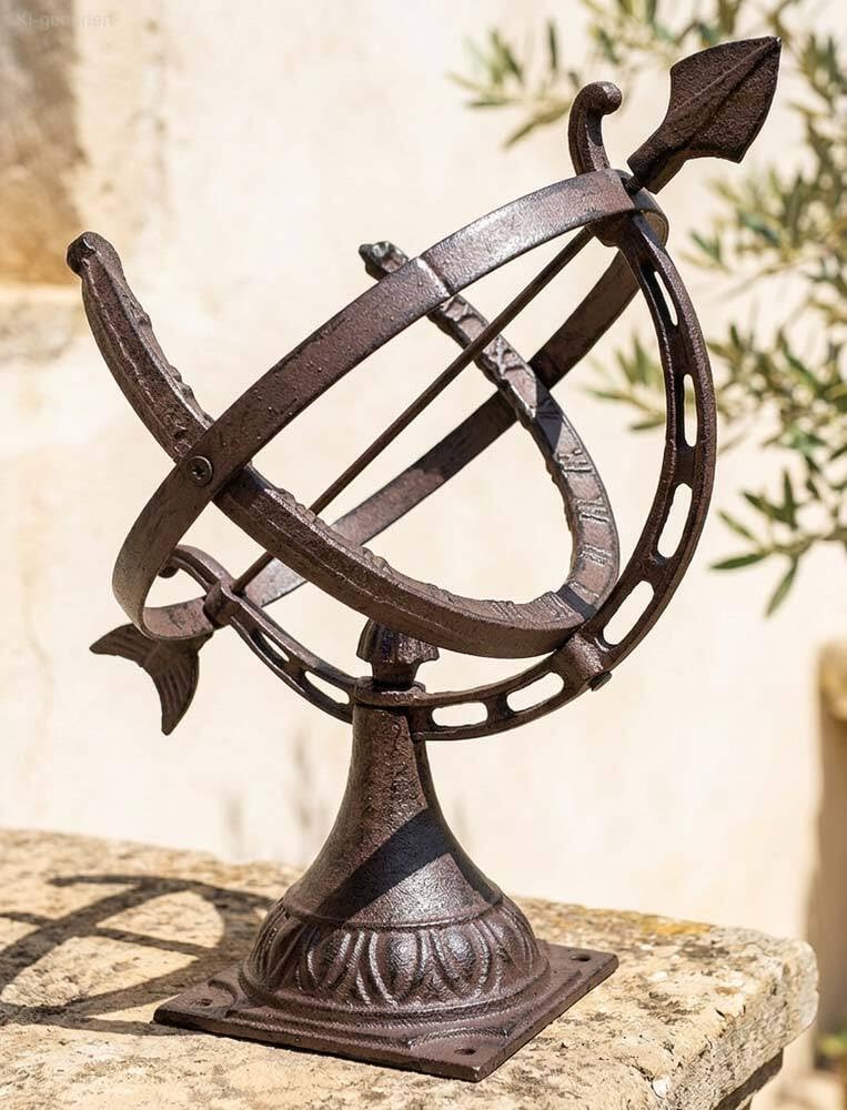 zeitzone Sonnenuhr auf Standfuß Antik-Stil Gusseisen Braun Gartendeko H 35cm