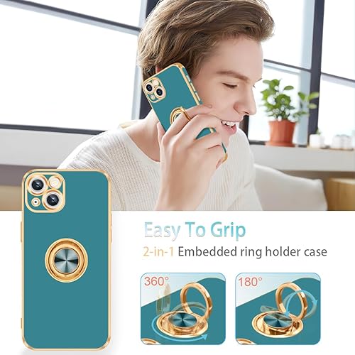 Miniatura 5 de Fingic Funda para iPhone 13 con soporte de anillo giratorio de 360, soporte magnético borde dorado chapado brillante Funda protectora delgada de TPU