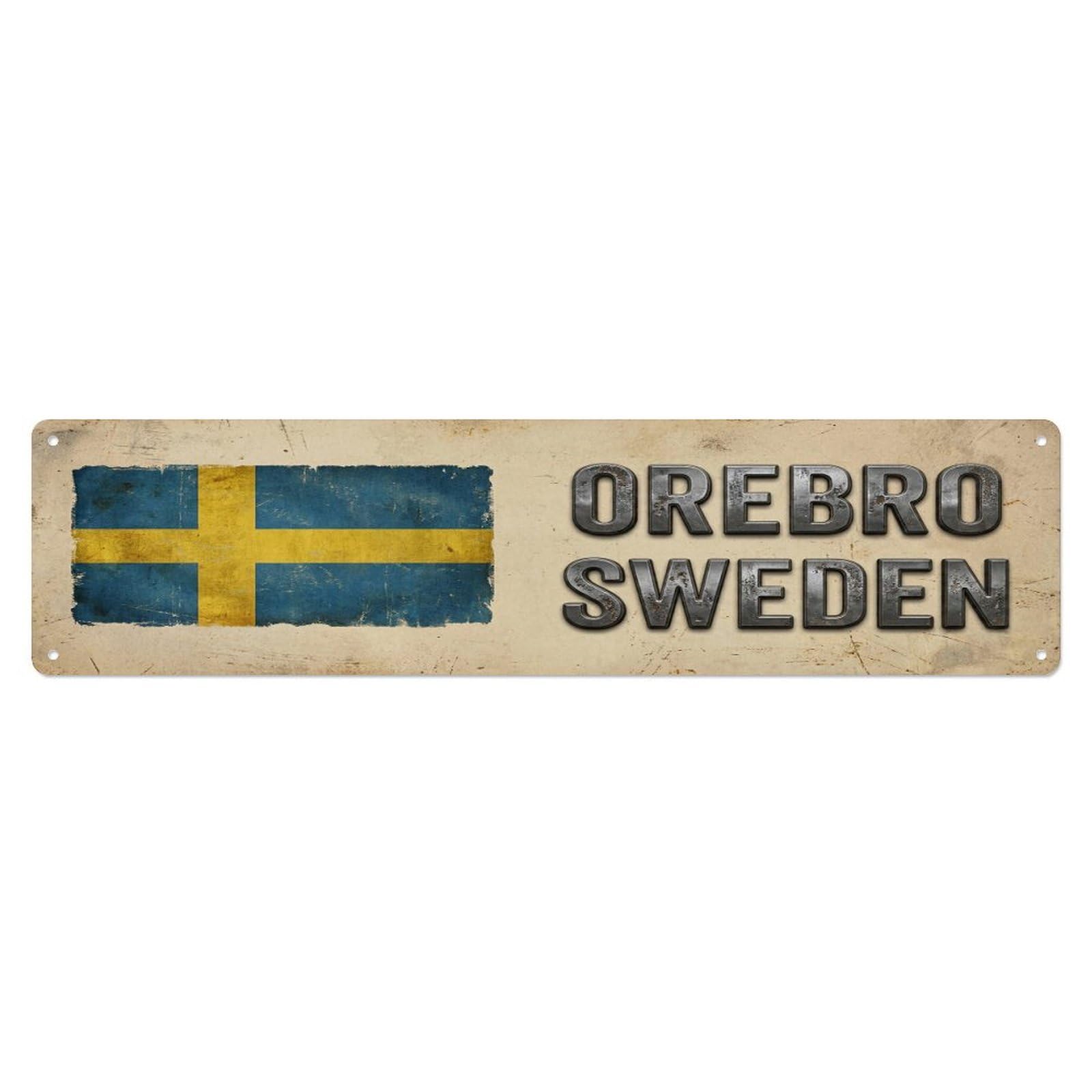 Vintage Orebro Sweden Flag Decor Rustic Travel Metal Tin Sign