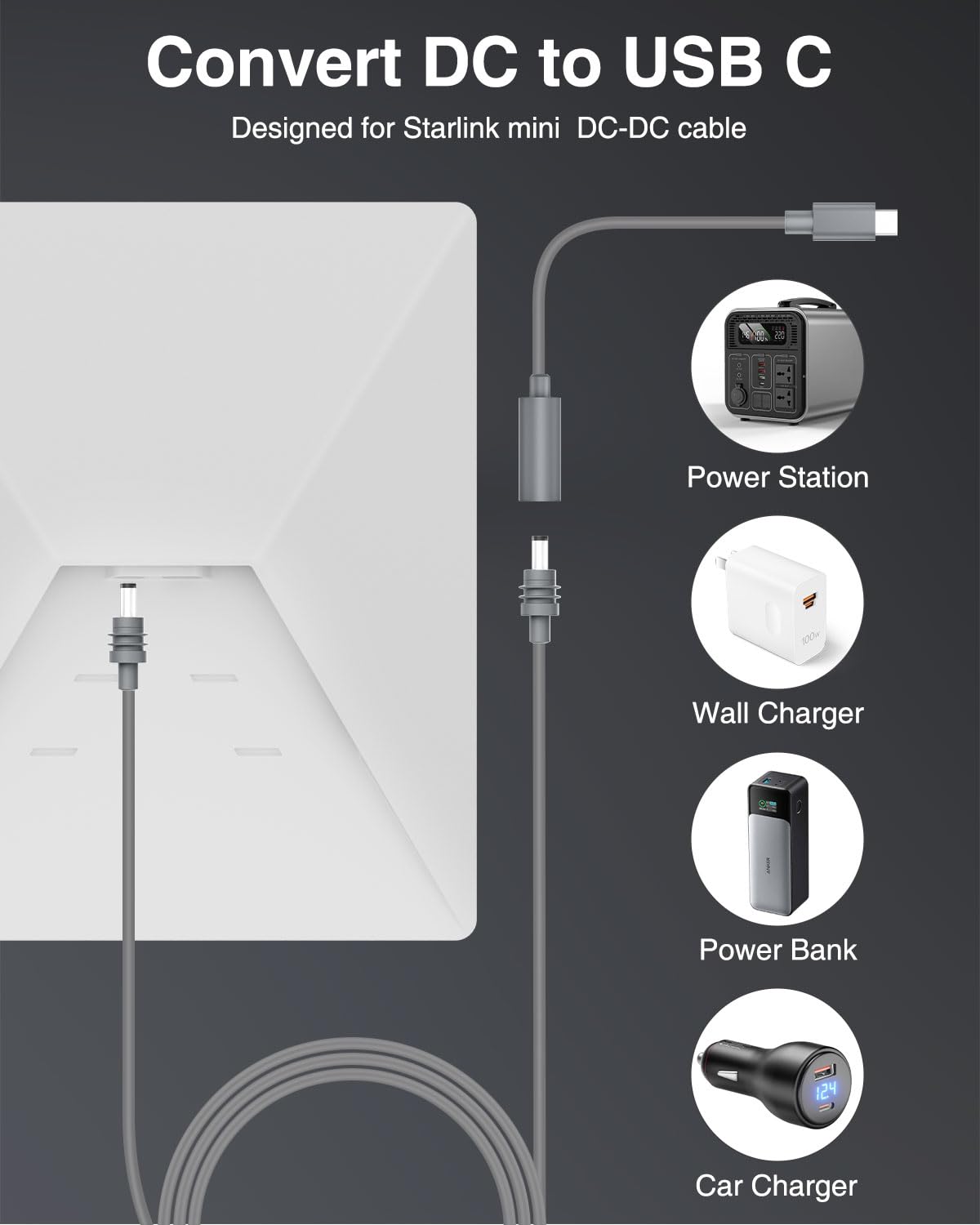 Starlink Mini ładowarka samochodowa USB C na DC z adapterem
