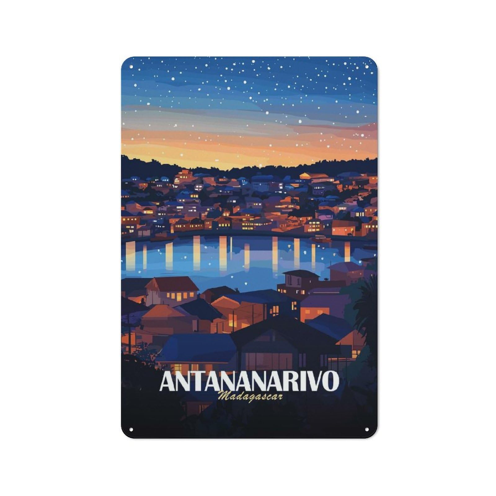 Junmoney Antananarivo, Madagascar At Night Bistro Metal Sign 30X20cm, Vintage Cafe Wall Decor For Takeaway, Bar, Kitchen Or Counter Area