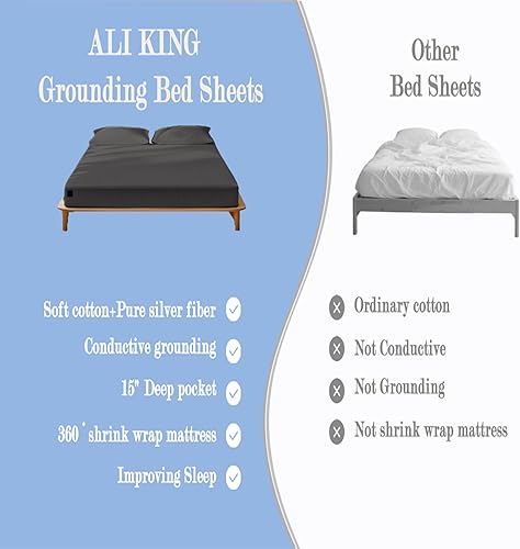 Miniatura 8 de Ali King Grounding Sheets - Sábanas de algodón suave con fibra plateada, bolsillo profundo de 15 pulgadas para mejorar el sueño (gris oscuro, King