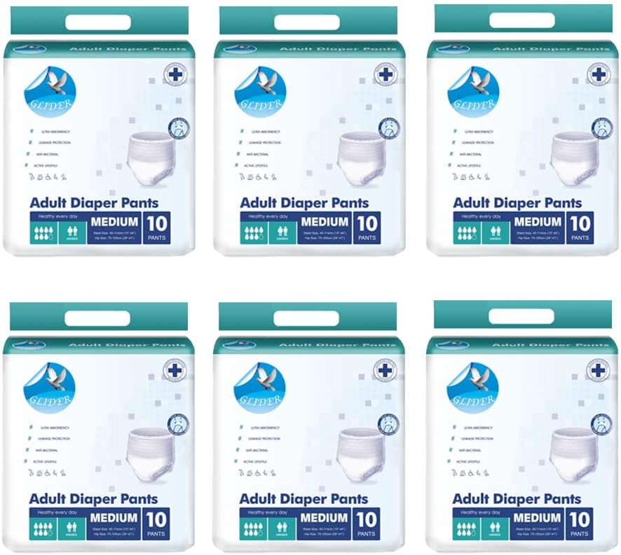 Glider Unisex Adult Diaper Pants | Medium Size | Maximum Overnight Absorbency | Leak-Proof & Comfortable Fit | 15-44 Inch (40-115 cm) | (Pack of 6 – 60 Count)