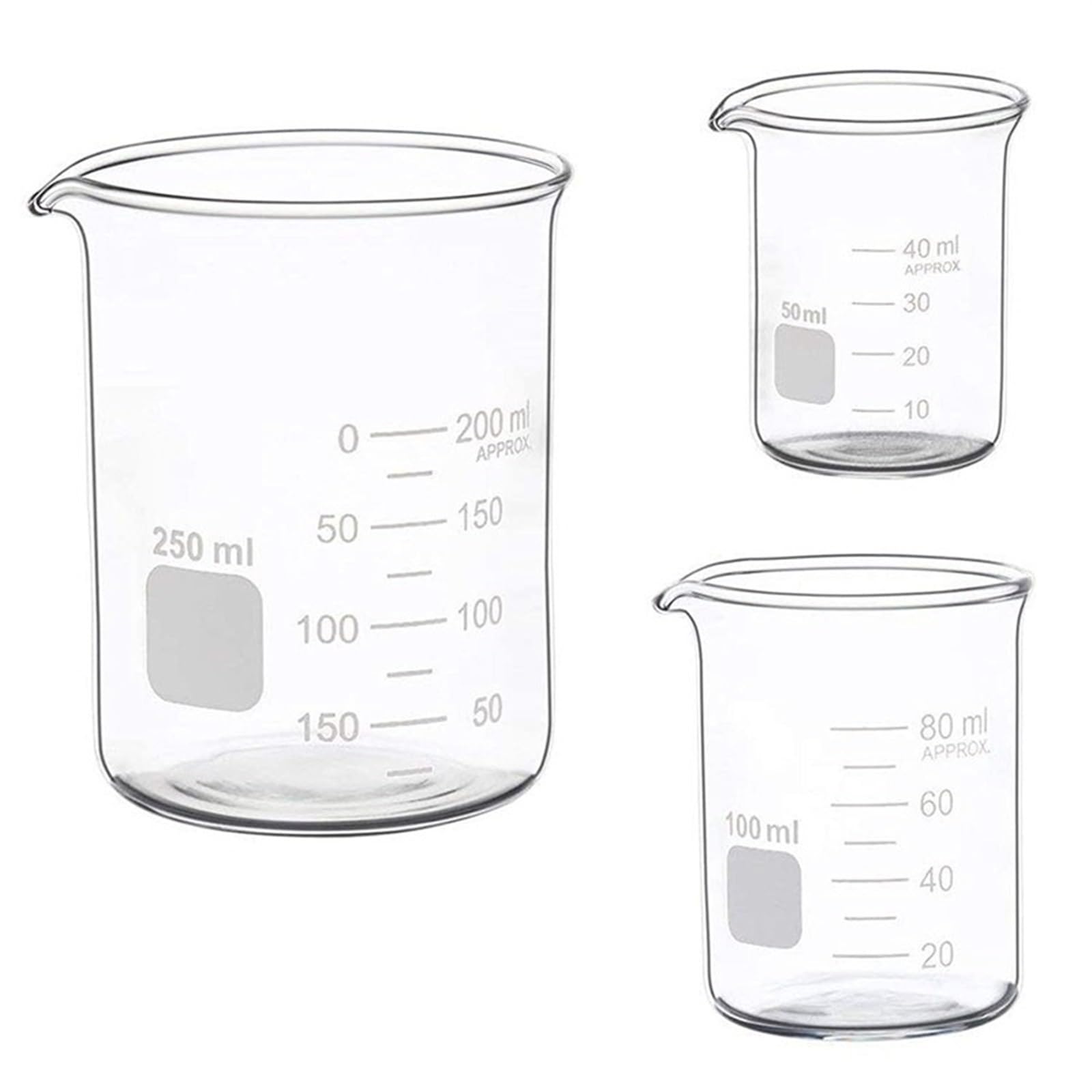 Juego de Vasos medidores de Vidrio de Forma Baja (50 ml, 100 ml y 250 ml), 9 Varillas de agitación de Vidrio de 30 cm de Largo y 0,63 cm de diámetro.