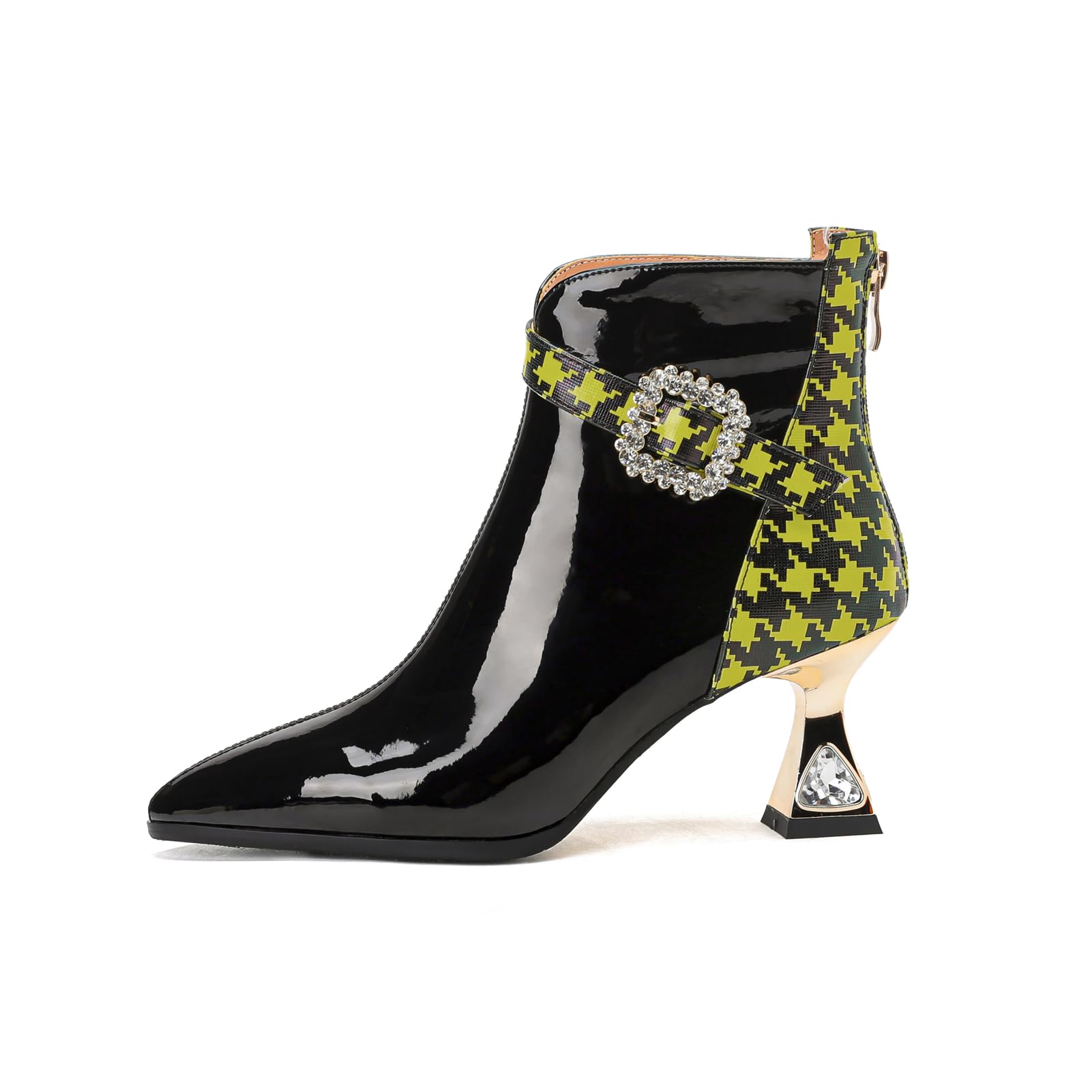 TinaCus Womens Patent Leather Handmade Pointy Toe Rhinestone Mid Heel Mixed Colors Zip Up Ankle Boots with Buckle
