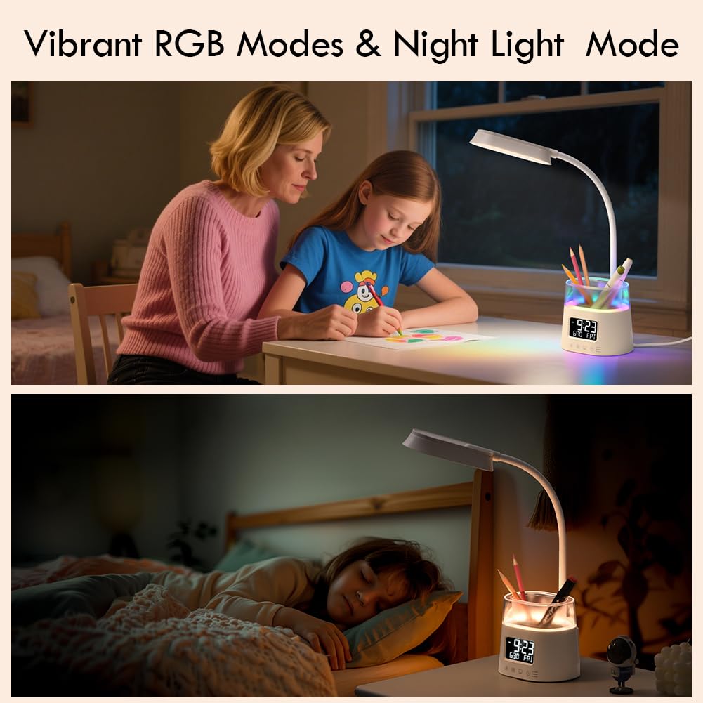 Lámparas LED de escritorio para oficina en casa con soporte para bolígrafo, lámpara de mesa para dormitorio con puerto de carga USB y reloj, luz nocturna RGB, lámpara de estudio para niños y 9