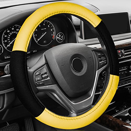 Image of FH Group Universal Fit Modernistic and Seat Belt Pads Combo Set Steering Wheel Cover Fits Most Cars, SUVs Yellow