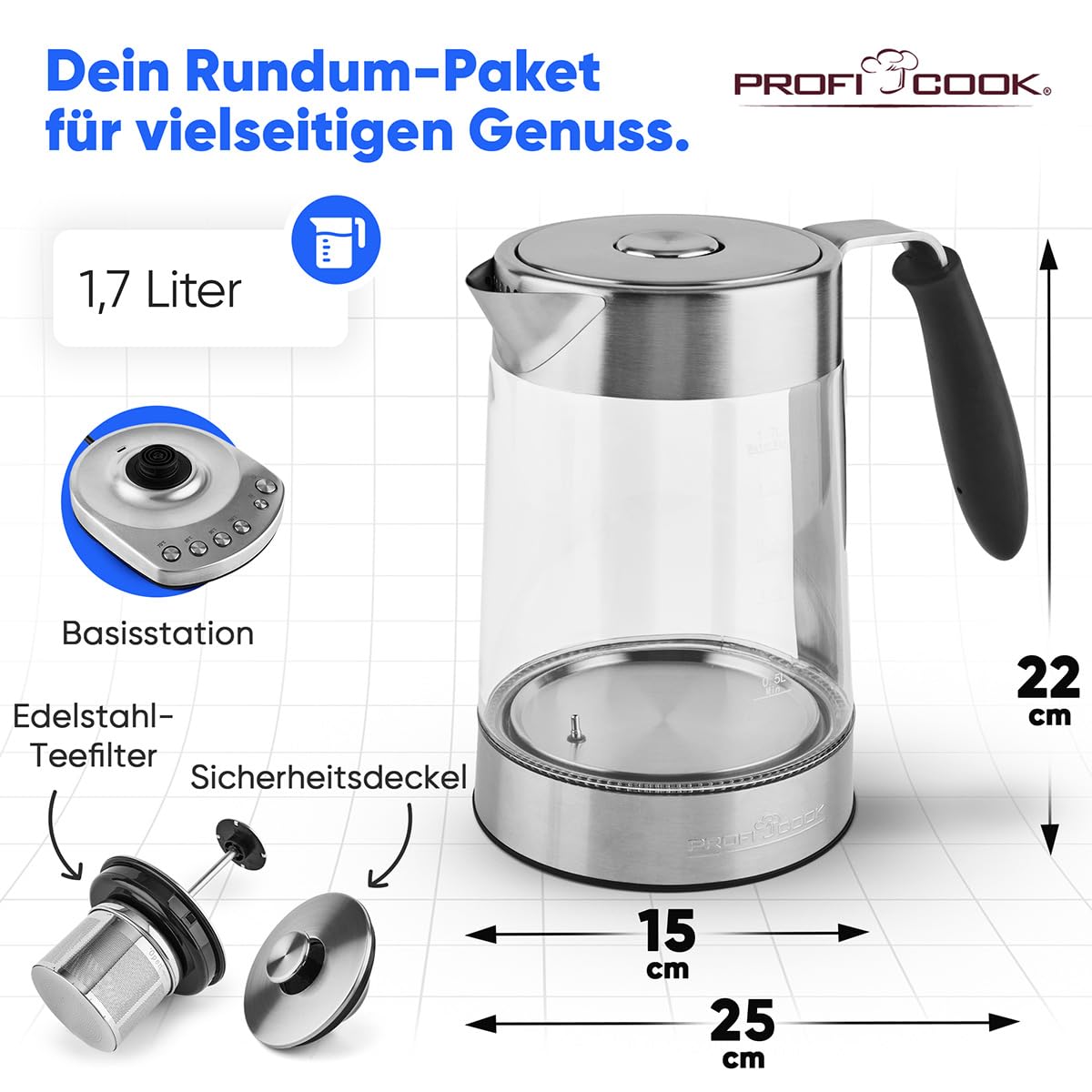 Proficook PC-WKS 1020 G Bollitore in Vetro, 1.7 L