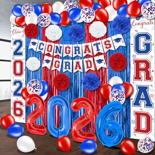 Image of Graduation Party Decorations Class of 2026, Graduation Decorations with Congrats Grad Banner Fringe Foil Curtain Paper Flower Ball Balloons for High School College Grad Party Supplies, Red Blue