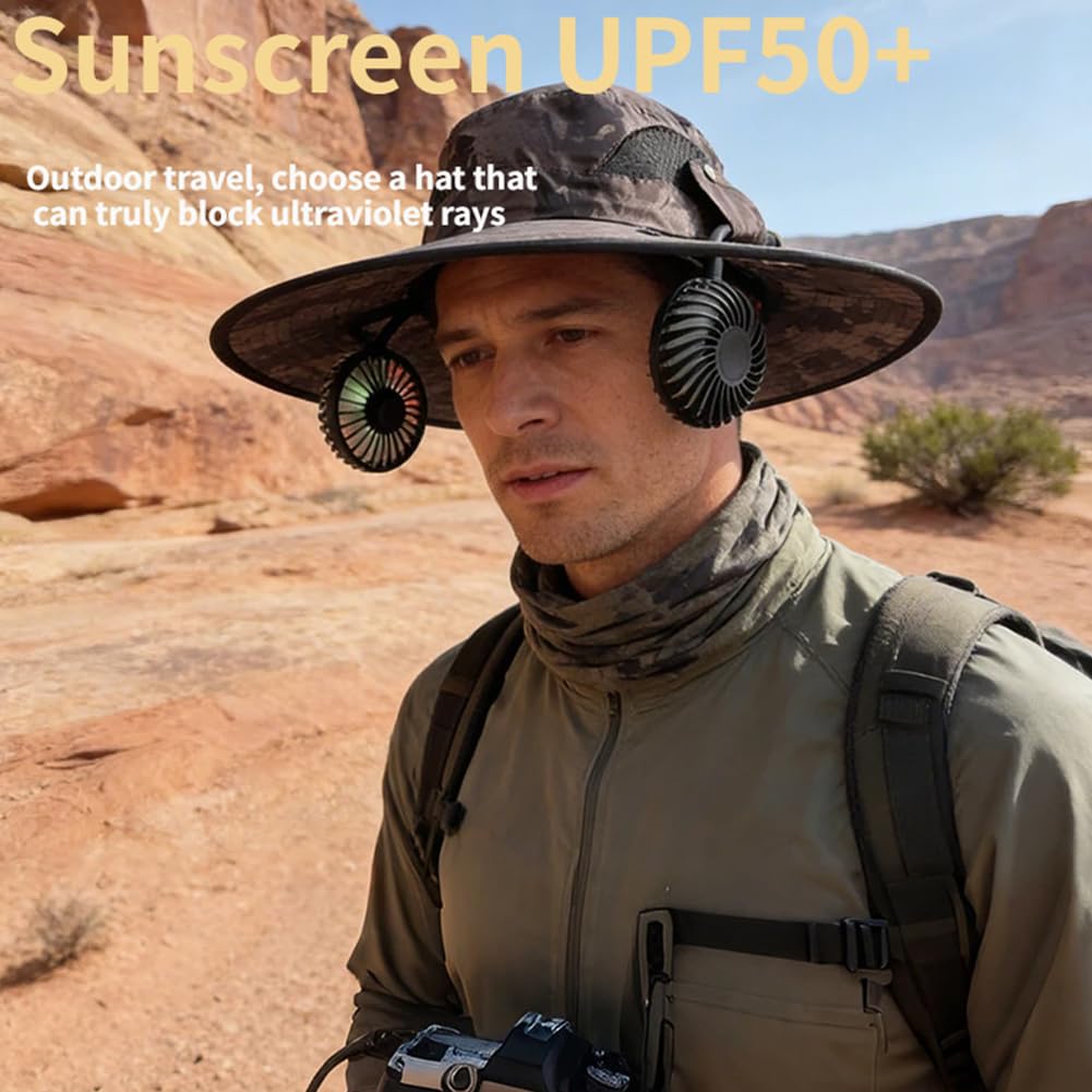 Cappello 2 in 1 a tesa larga UPF 50+, con doppia ventola solare, per pesca, escursionismo, ombrello, per adulti, ricarica USB