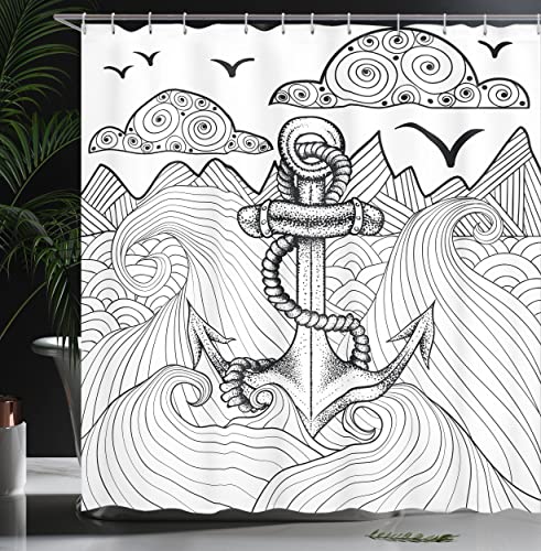 ABAKUHAUS Anchor Shower Curtain, Zentangle Style Ocean and Clouds Hand Drawn Arrangement Marine Theme - Image 3