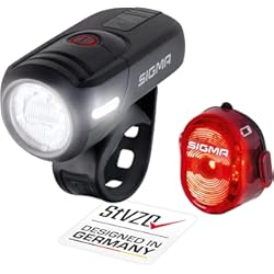 Luz Delantera Bicicleta Sigma SIGMA SPORT Juego de luces led para bicicleta AURA 45 y NUGGET II, homologado por la ley de transporte en carretera de Alemania StVZO, luz delantera y luz trasera a batería