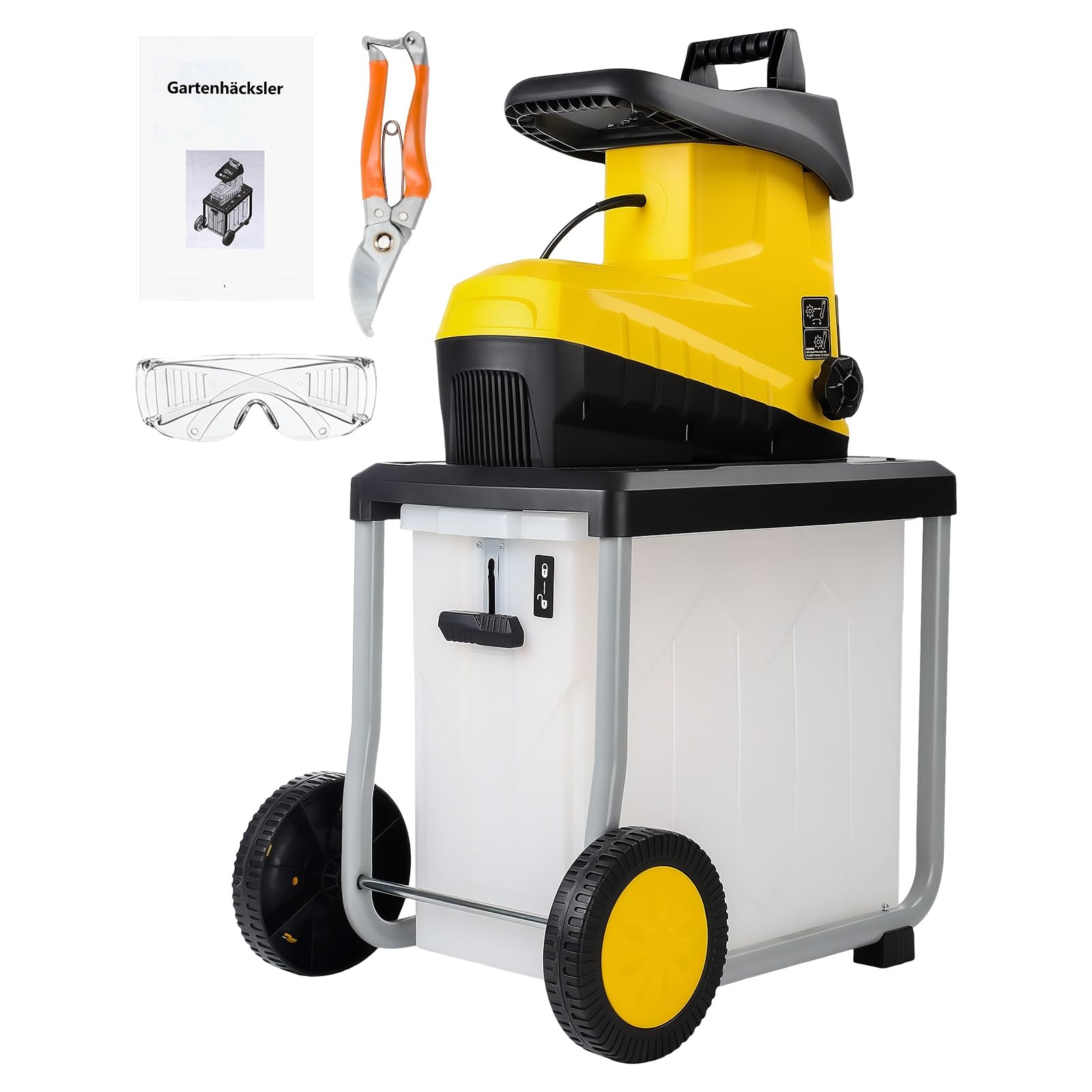 Elektro Gartenhäcksler Walzenhäcksler 3200W, max. 45 mm Aststärke, 60 L Fangbox, Leisehäcksler inkl. Gartenschere & Schutzbrille
