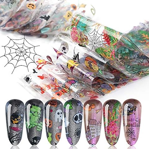 Halloween Nail Foil Sticker Set Fall Nail Art Stickers Day of The Dead Nail Art Decals Pumpkin Cat Charms Nail Decorations DIY Transfer Paper Holographic Nail Decor Wraps Accessory 10 Pcs/Pack Cover