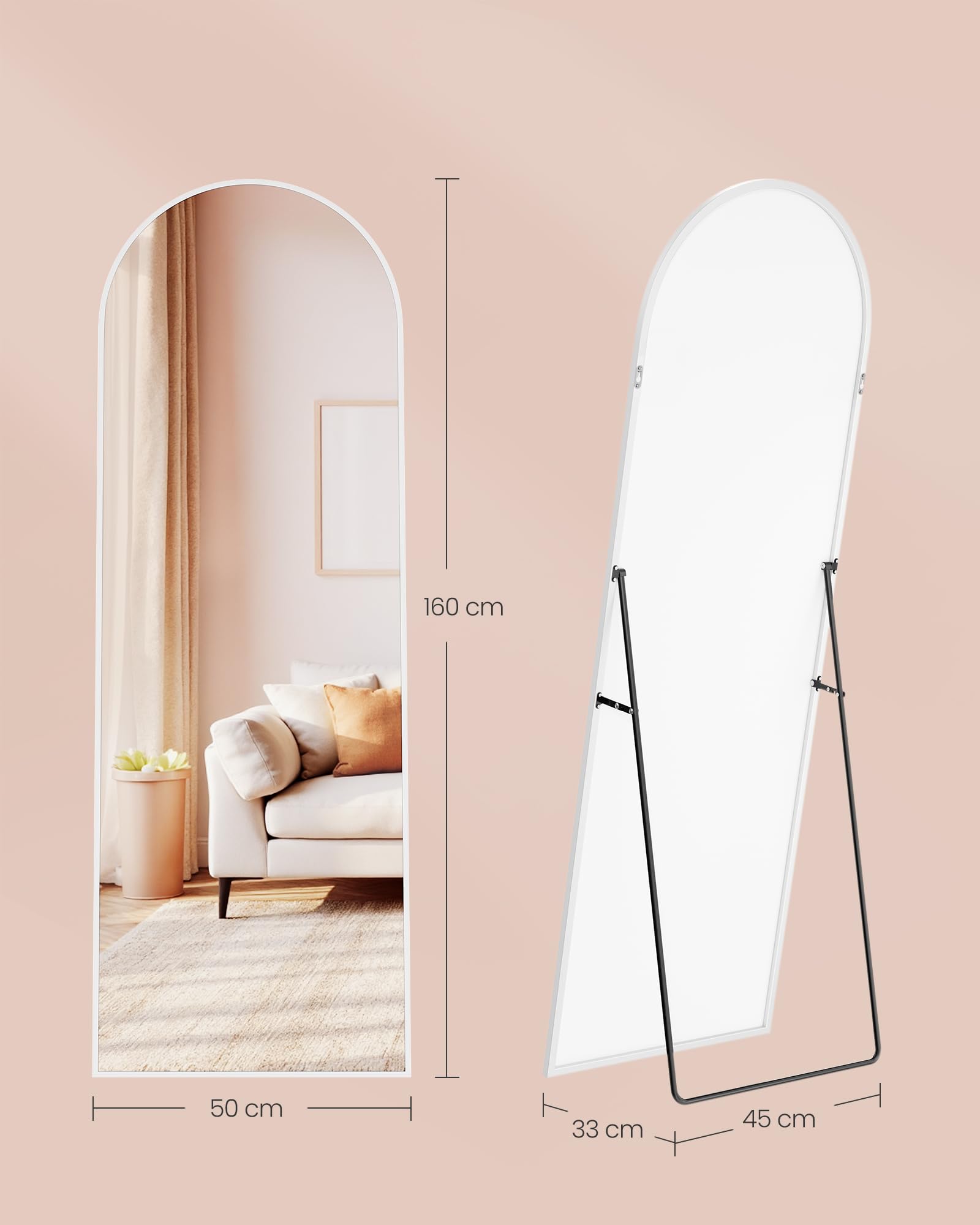 SONGMICS Specchio a Figura Intera, 160 x 50 cm, Specchio da Terra ad Arco con Supporto, Cornice in Lega di Alluminio, Vetro Temperato, Camera da Letto Soggiorno, Bianco Opaco LFM031WC01