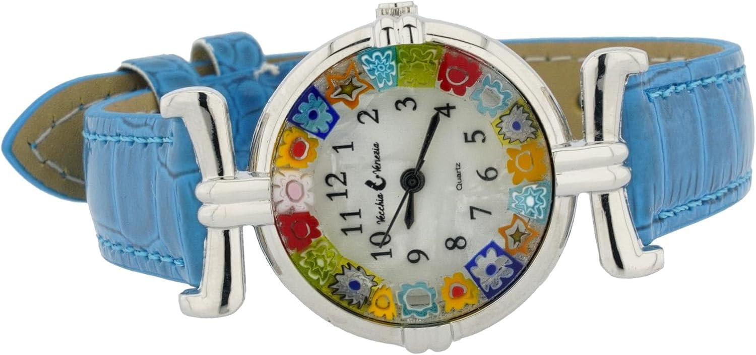 Glass Of Venice Murano Glass Millefiori Watch Round Multicolor Silver-Tone - 1" Face with Light Blue Band for Women - Handmade in Italy