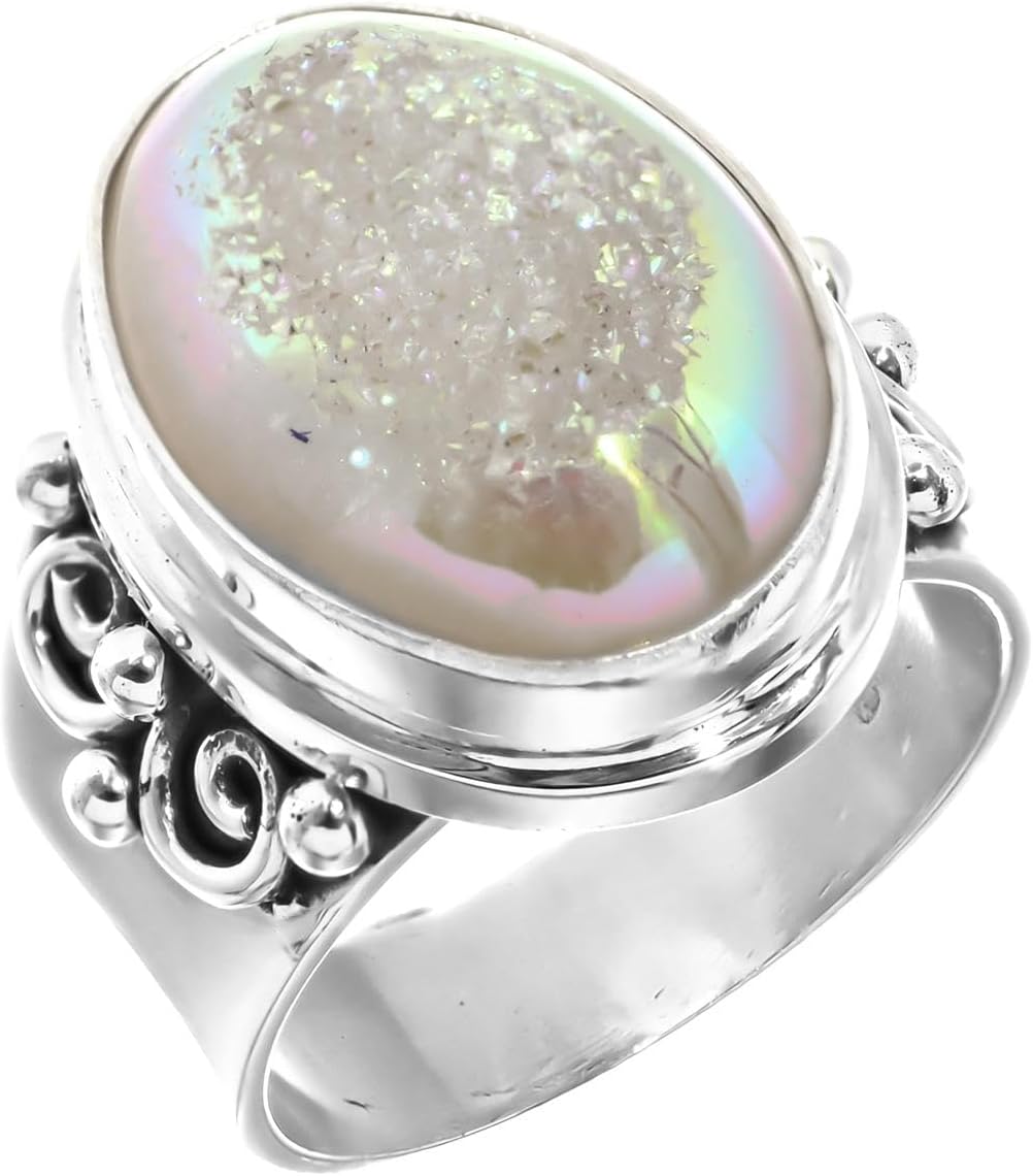 FifiRose Sparklng White Opalesque Iridescent Titanium Druzy 925 Sterling Silver Sz 8 Ring, 7/8" p83347