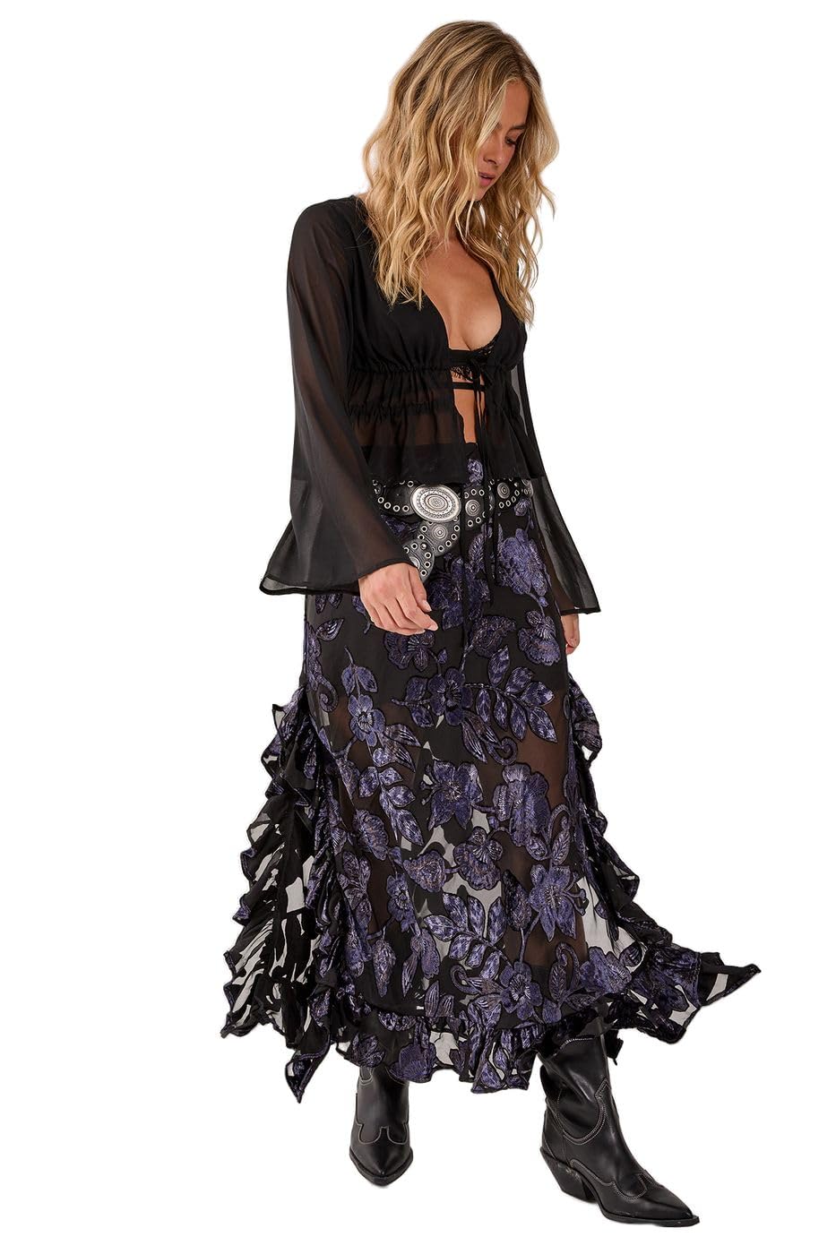 Nasty Gal Black Floral Devore Ruffle Maxi Skirt, 6,