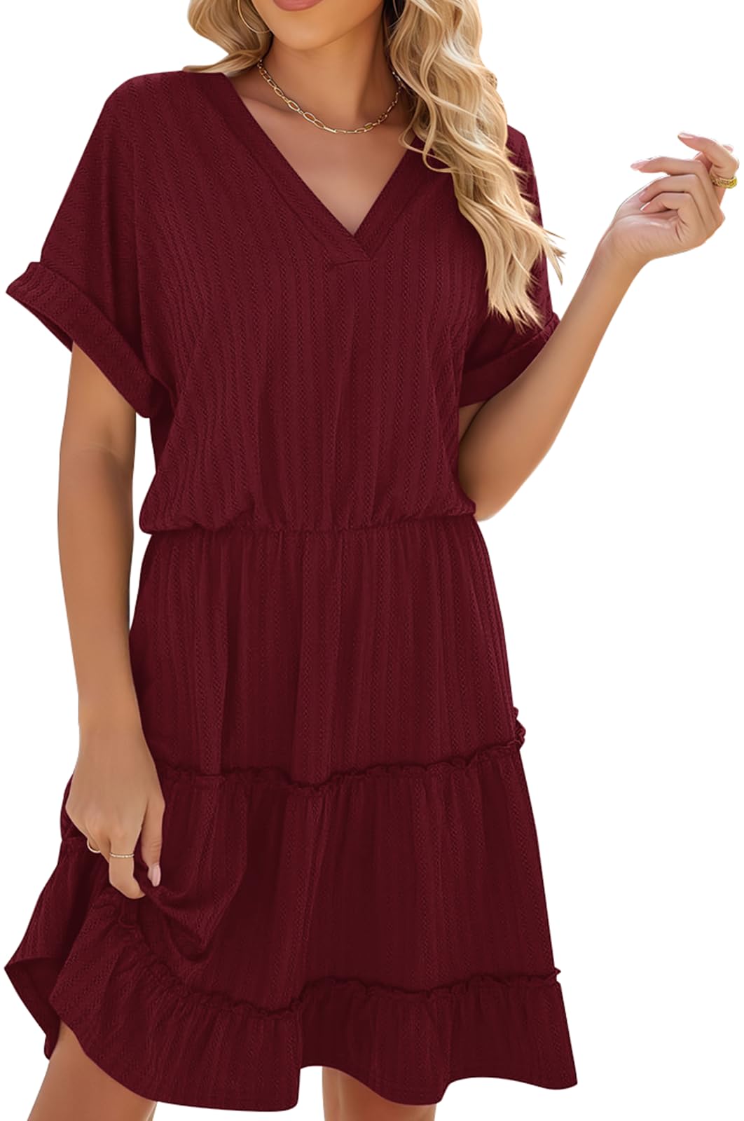 PerZeal Women's Casual V Neck Short Sleeve Tiered Dress Ruffle Hem A-Line Flowy Swing Midi Dresses