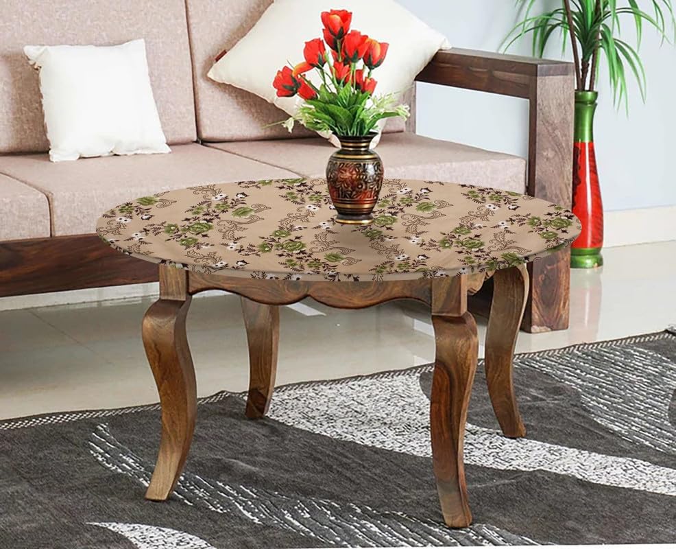 Image of The Furnishing Tree Round Elastic Fitted Center Tpoy Table Cover WxL 24x24 Inches Floral Pattern Beige