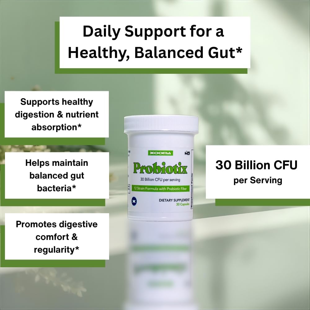 Xooma Probiotix 12-Strain Probiotic + Prebiotic Fiber, 30B CFU | No Refrigeration Required | Gut & Digestive Health, Immune Support, Bloating Relief | Gluten, Soy & Dairy Free – 30 Capsules