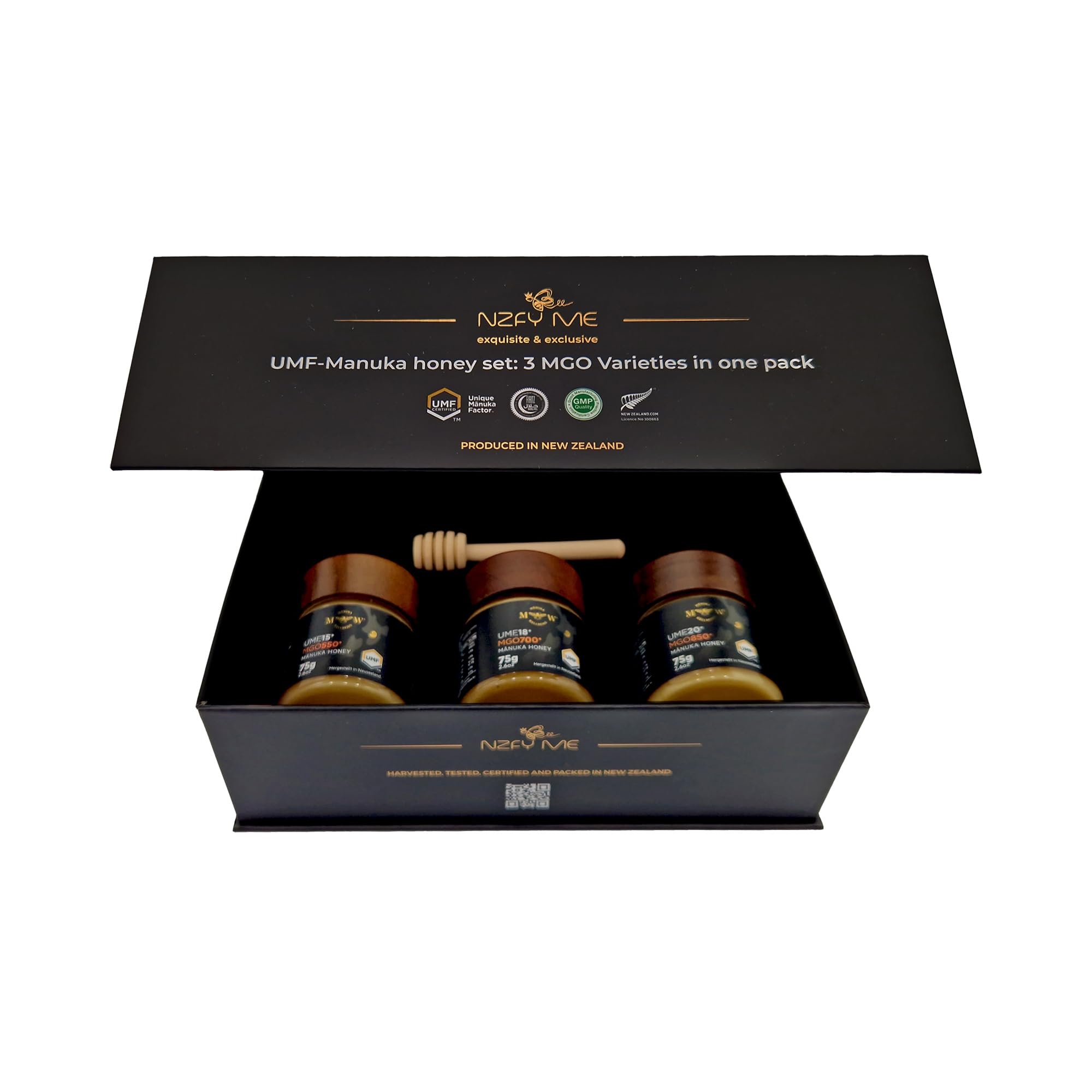 NZfyMe–Manuka Honig Experience Set–3x75g (MGO 550+/UMF 15+, MGO 700+/UMF 18+, MGO 850+/UMF 20+) | Premium Edition im Glas mit Holzlöffel & Geschenkbox| Zertifiziert & Hergestellt in Neuseeland