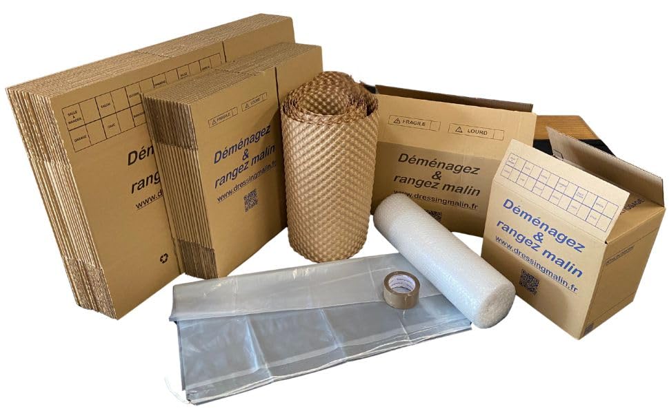Kit déménagement T2 complet – 43 pièces : 15 cartons standard (57L), 15 cartons livres (28L), 10 papiers bulle biodégradables 0,5x1 m, 1 adhésif 68 m, 1...