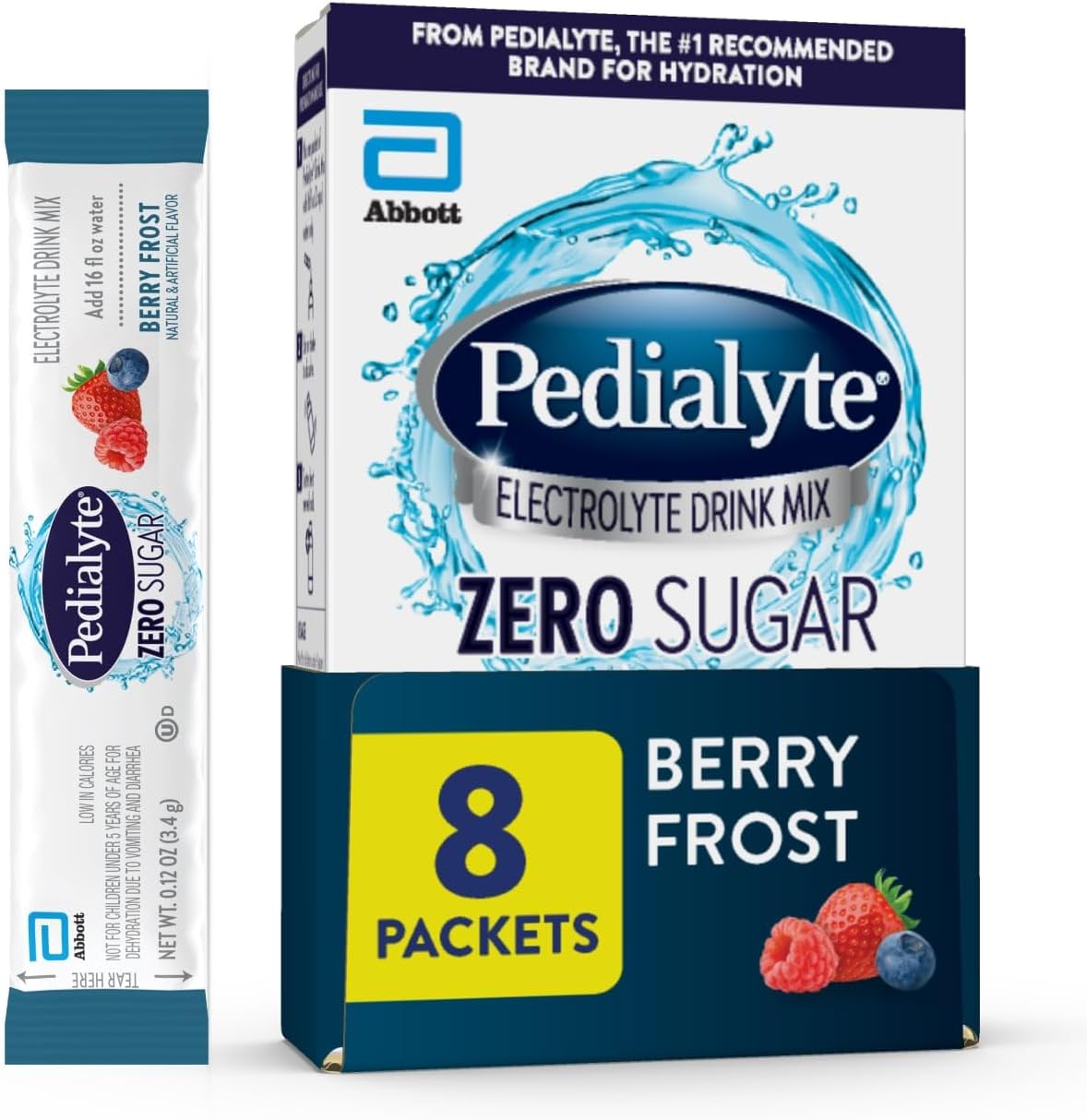 Pedialyte Electrolyte Drink Mix With Zero Sugar | Hydration With Key Electrolytes | Great Hydration Low in Calories | Berry Frost, 8 Powder Packets