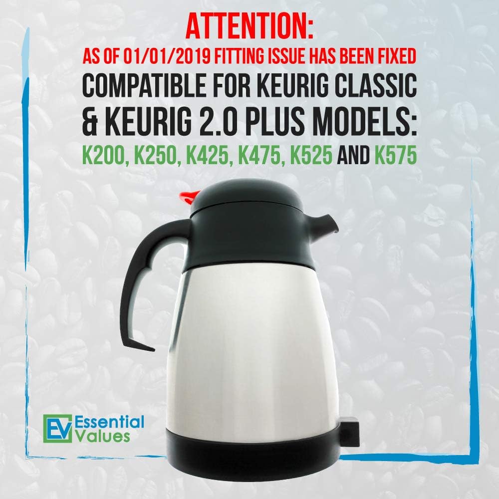Essential Values Thermal Carafe for Keurig 2.0 & Plus Models, 1L / 32oz Capacity (4-5 Cups) Stainless Steel, Vacuum Insulated For Use With K-Carafe Pods In 2.0 Or Full Size Original Classic