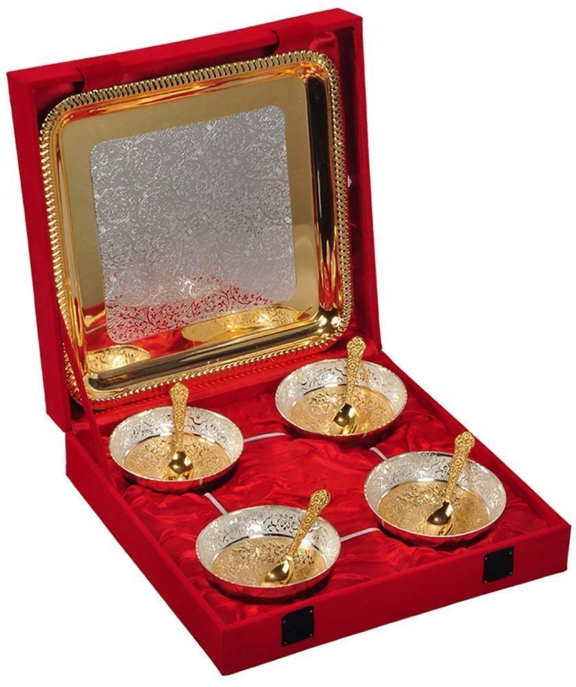 R Ayurveda Copper Bowl Set (9 Pics, Gold Plated) With Velvet Box and Spoon + Tray