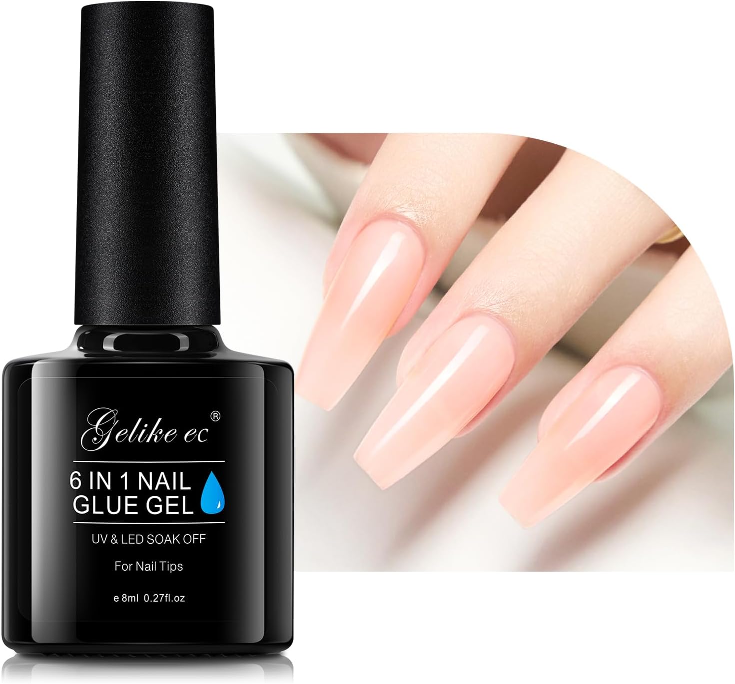 Gelike ec Nail Glue for Artificial Nails, 6 in 1 Transparent Apricot, Extra Strong Nail Glue for Pressing Nails, Nail Glue, Gel for Artificial Nails, Curing Under UV Nail Lamp, 10 ml
