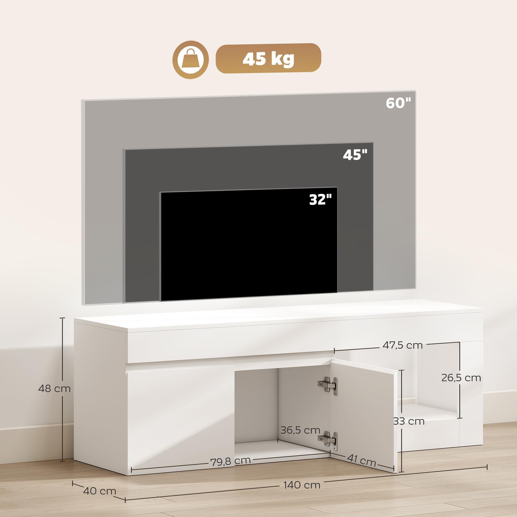 HOMCOM Mueble de TV Moderno con 2 Puertas 140x40x48 cm Blanco | Mesa de TV para Salón, Estante Abierto, para Televisión 60 Pulgadas
