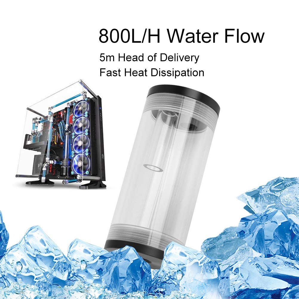 Serbatoio di raffreddamento ad acqua per computer, diametro 50 mm, lunghezza 160 mm, con mini pompa DC da 800 L/h, serbatoio d’acqua a cilindro silenzioso da 5 m di prevalenza per (110 mm)
