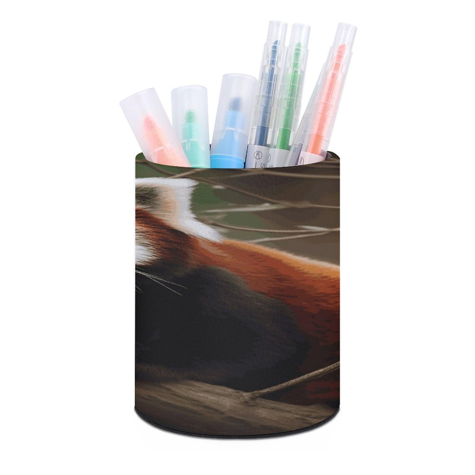 LDGSUPH Red Panda on Tree Branch Round Pen Holder Leather Pen Cup Pencil Cup Pen Organizer Pencil Holder for Desk Organizer Pencil Organizers Makeup Brush Holders for Home Office Gift
