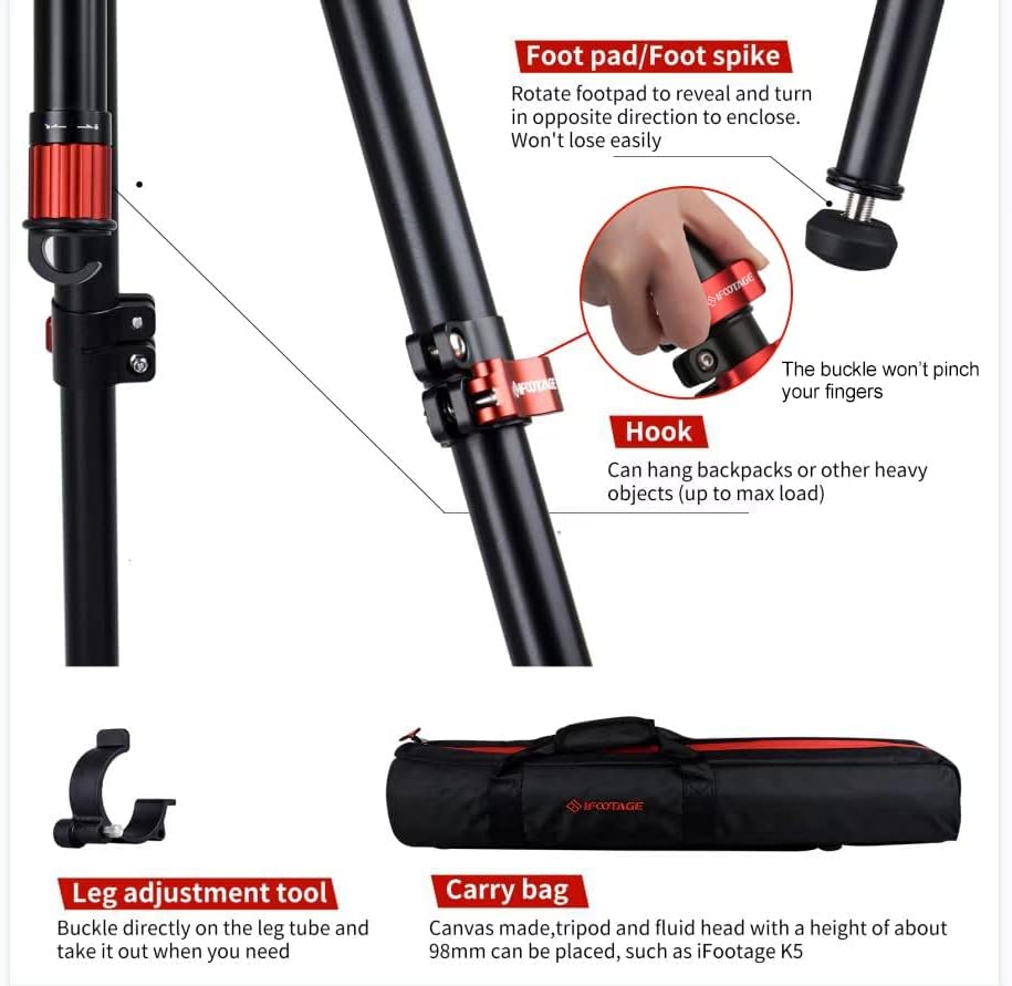 Miniatura 5 de IFOOTAGE Trípode TC6S de fibra de carbono de 65 pulgadas, trípodes de cámara profesional, 3 secciones con poste central, carga útil de 17.6 libras