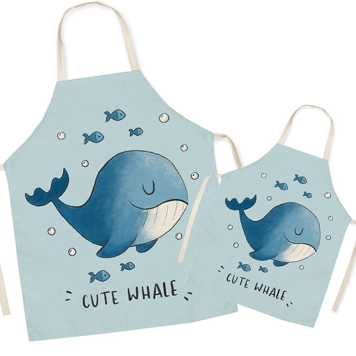 Fomaiself Whale Linen Parent And Child Cooking Apron - Cute Pattern Mum And Kids Apron, Mummy Son Daughter Aprons For Cooking Baking Painting Party