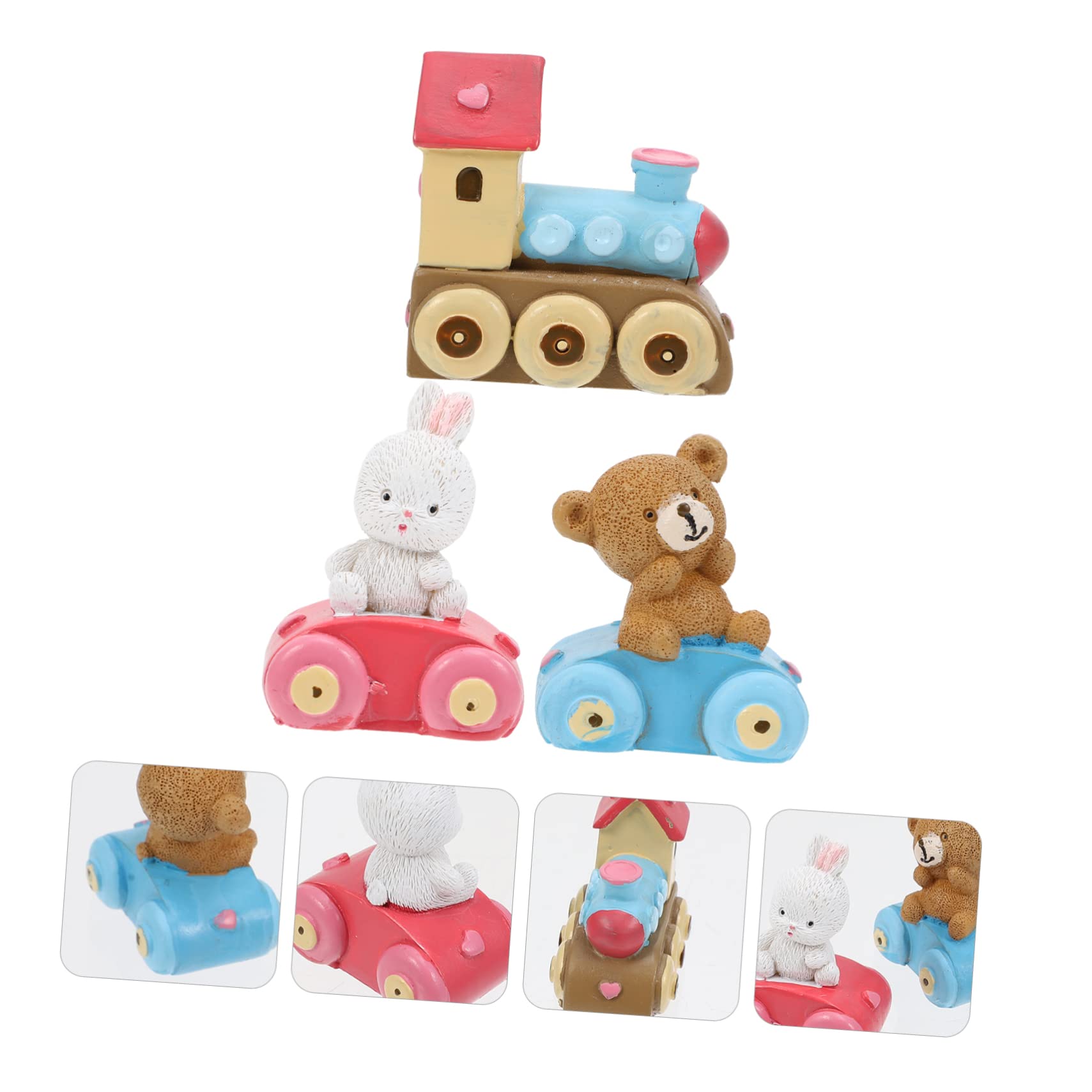 STOBAZA 3pièces Figurine De Décoration De Gâteau Résine Avec Ours Lapin Et Train Ornement De Bureau Mignon Pour Anniversaire Et