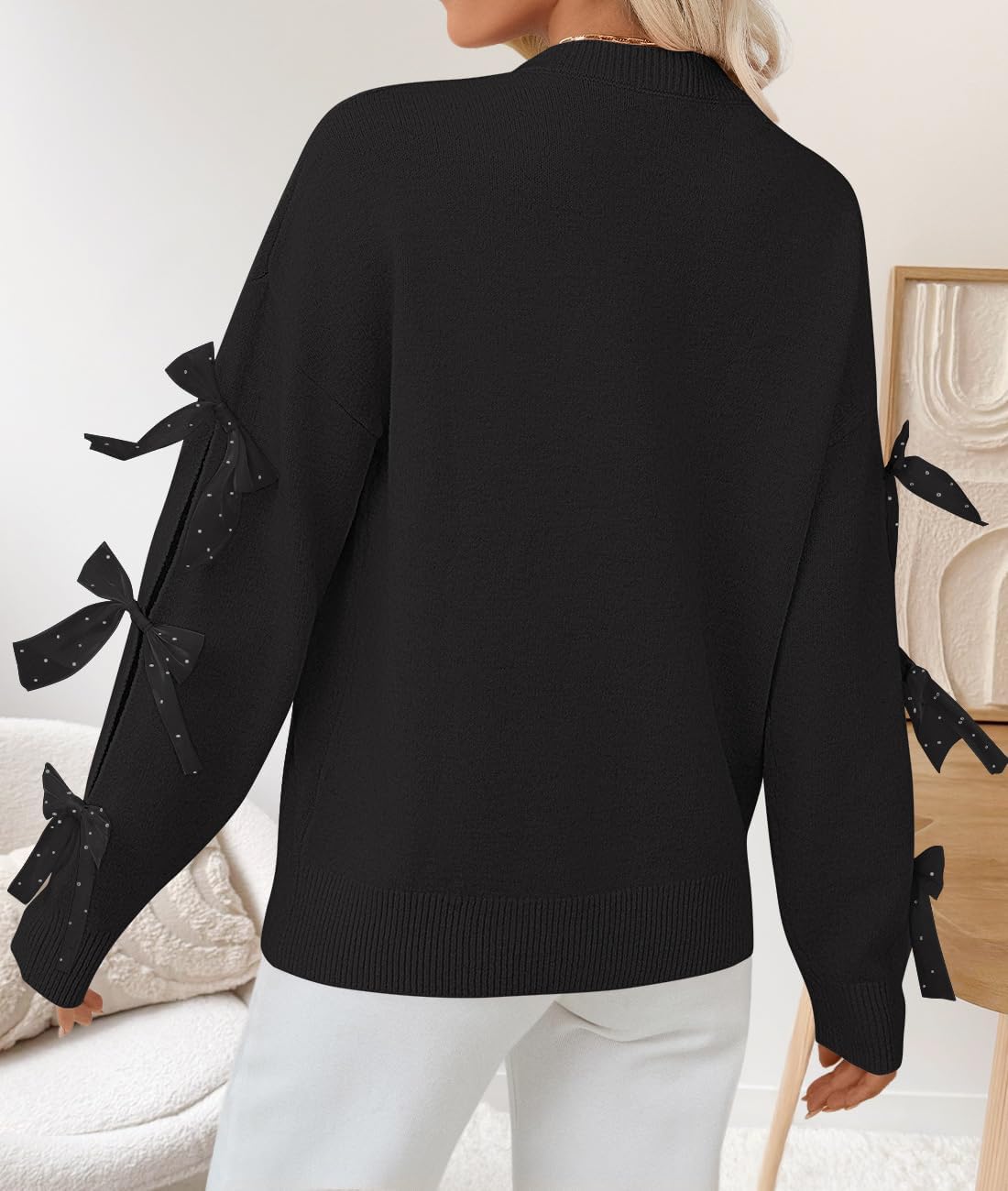 ZESICA Women's Oversized Bow Sweaters Fall 2025 Cute Crewneck Long Sleeve Knit Pullover Sweater Jumper Tops
