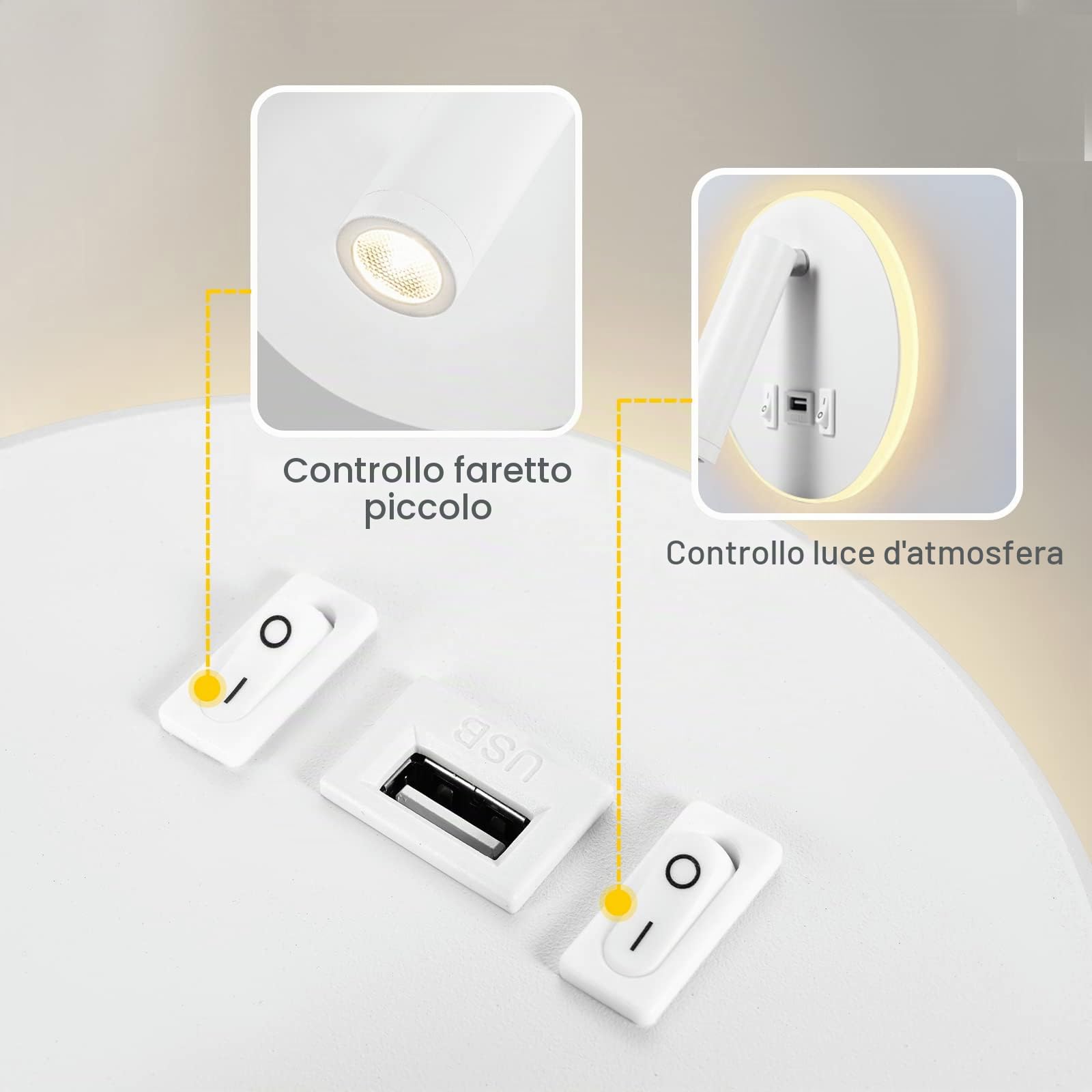 Weigudoc Lampada da Parete a LED con Porta di Ricarica USB, Lampada da Lettura da Comodino Orientabile, Applique da Comodino (3W 3000K+9W 3000K) per Camera da Letto comodino Soggiorno Studio (Bianco)