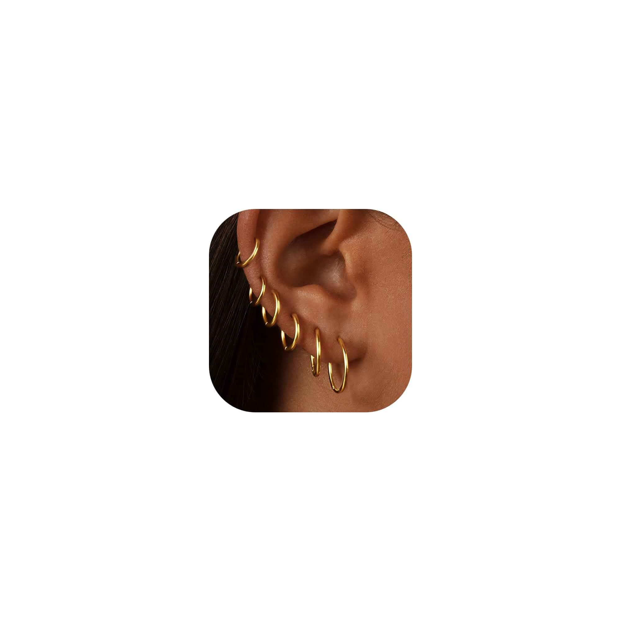 Gold Hoop Earrings for Women 6 Pairs, 14K Gold-plated Stainless Steel Gift Huggie, Lightweight, Stack, Multiple Piercing, Hypoallergenic, Nickel-Free Lead-Free, Non-Tarnish, Unisex, 6/8/10/12/14/16mm