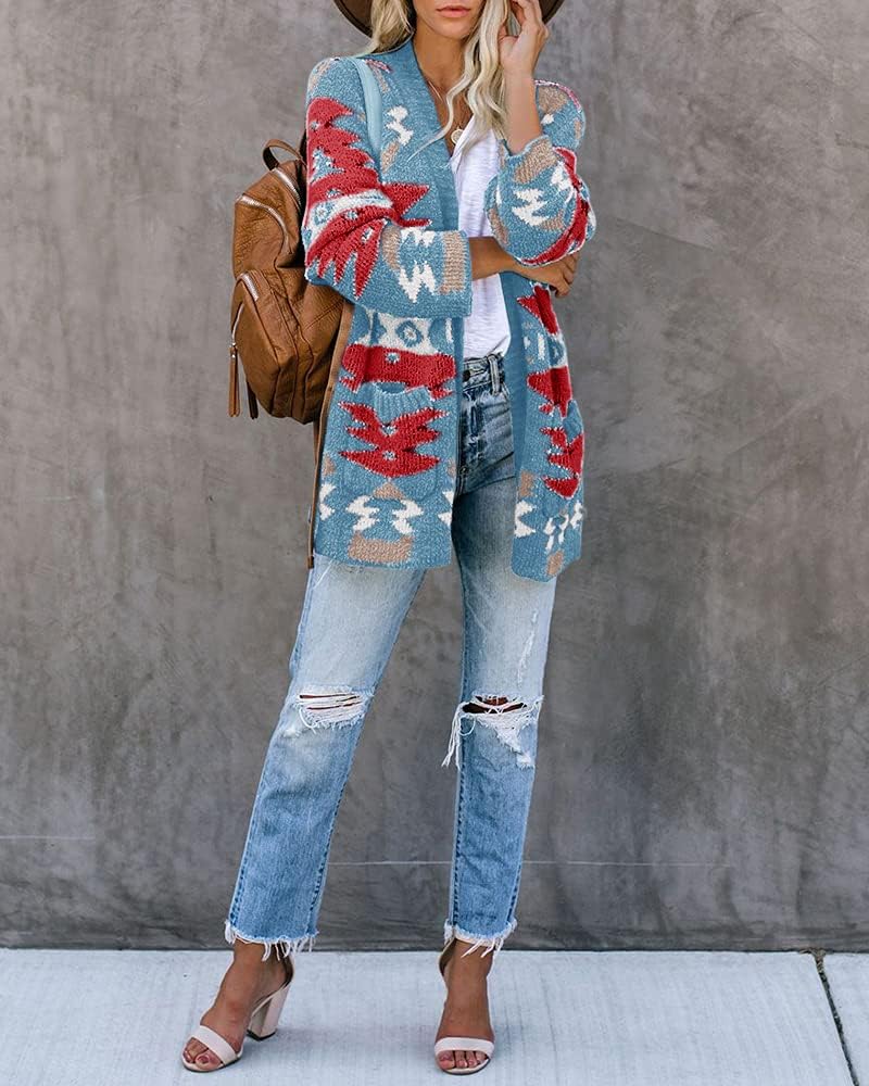 FERBIA Women Boho Cardigan Aztec Open Front Loose Slouchy Sweaters Tribal Long Sleeve Knitted Christmas Jacket Coat - Image 4