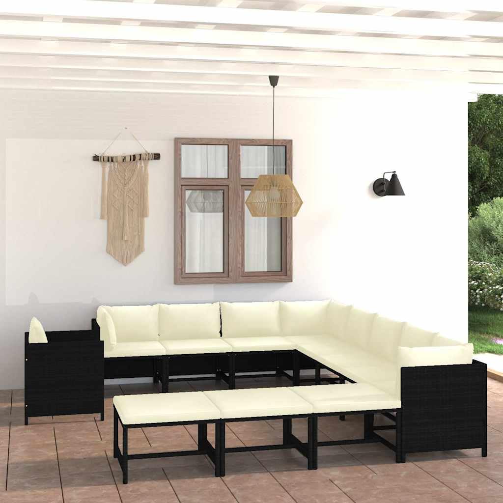 12-TLG. Garten-Lounge-Set Poly Rattan Schwarz mit Kissen