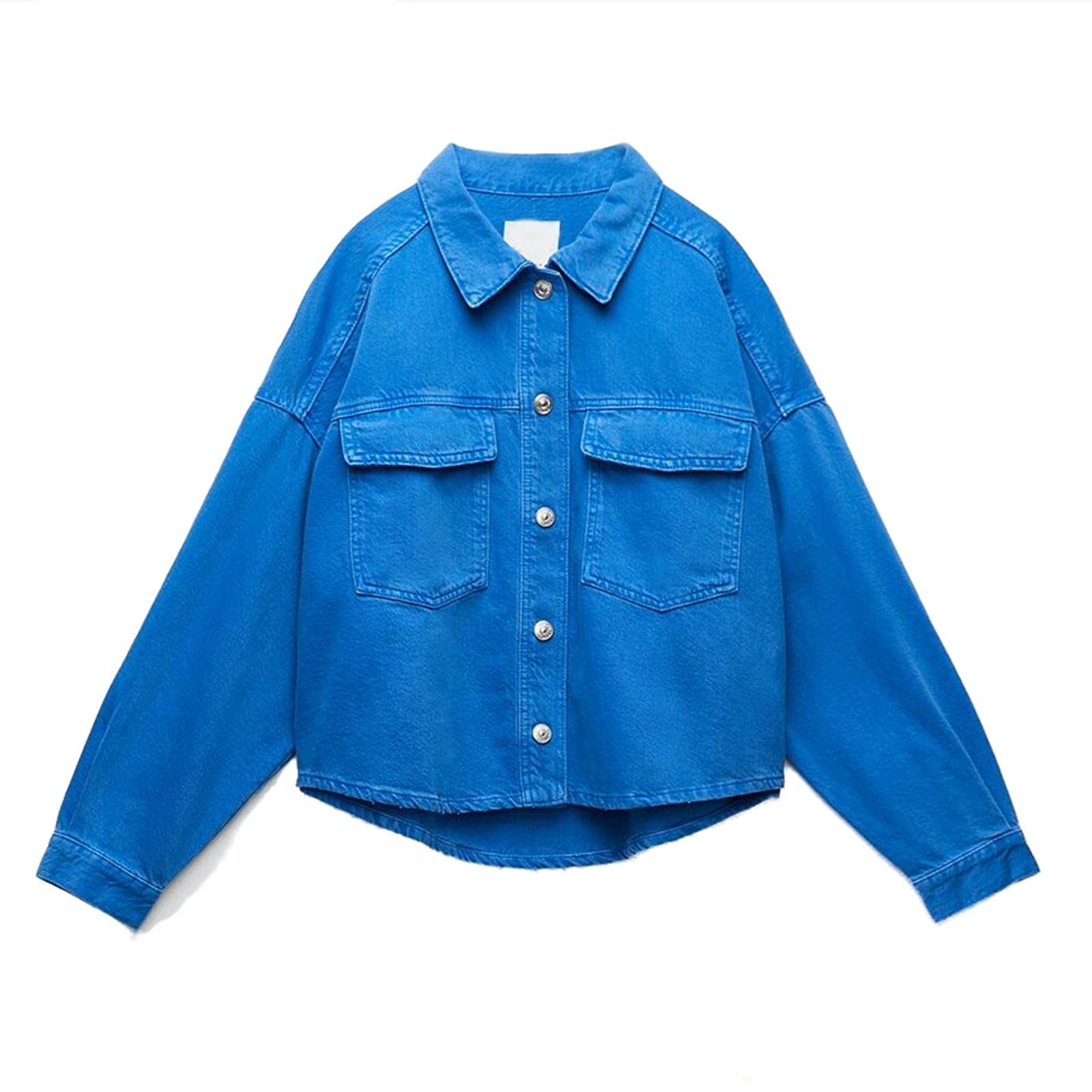 UKKO Giacca di Jeans Donne Primavera Autunno Denim Doppio Pocket Shirt Giacca Giacca Solid Colore Colore Casual Street Street Jean Giacche Cappotto-Blue,XS