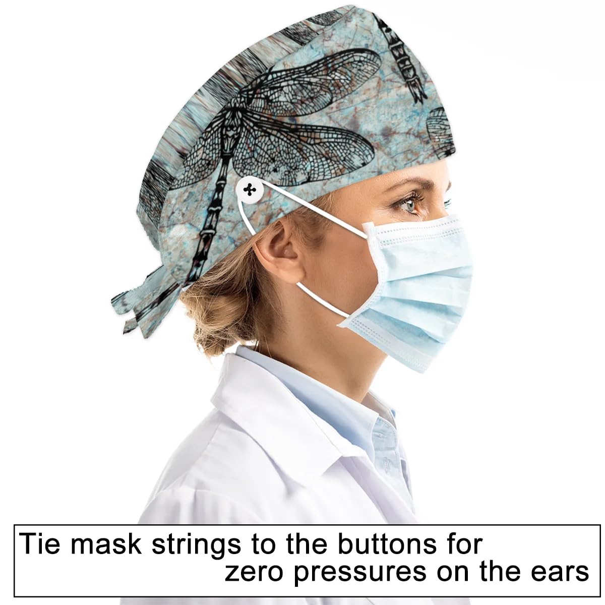 Mularoka Hand Painted Dragonflies Working Caps with Button Sweatband Comfortable Adjustable Bouffant Hats Work Hat for Women Men