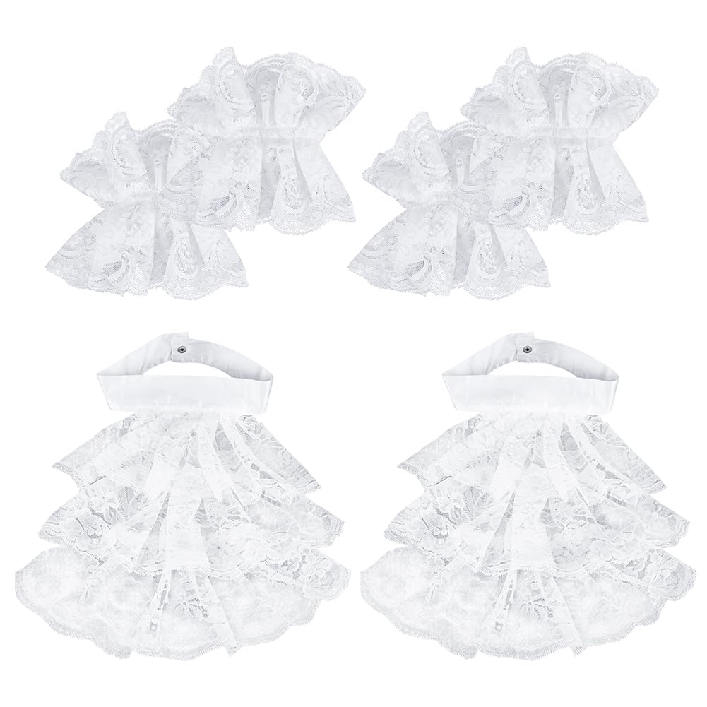 HOBBIESAY 2 Sets Jabot Cuffs Set White Lace Ruffled Collar Unisex Lace Jabot Collar and Cuffs Costume Accessory for Adults Halloween Cosplay Fancy Dress