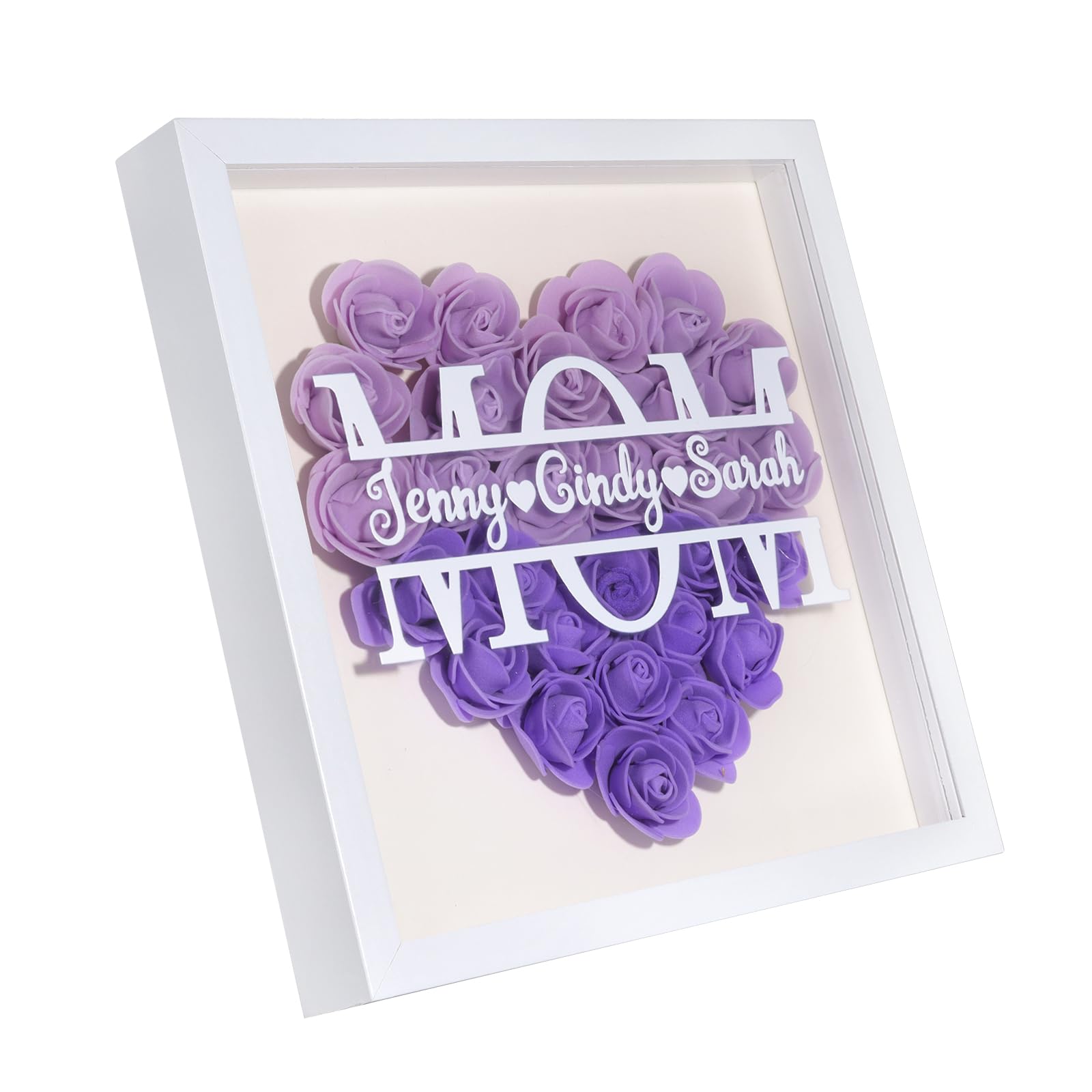 Personalized Mom Rose Flower Shadow Box Frame with Name 8x8 Picture Frame Gifts for Mom Anniversary Mother's Day Birthday (Mom-Purple)